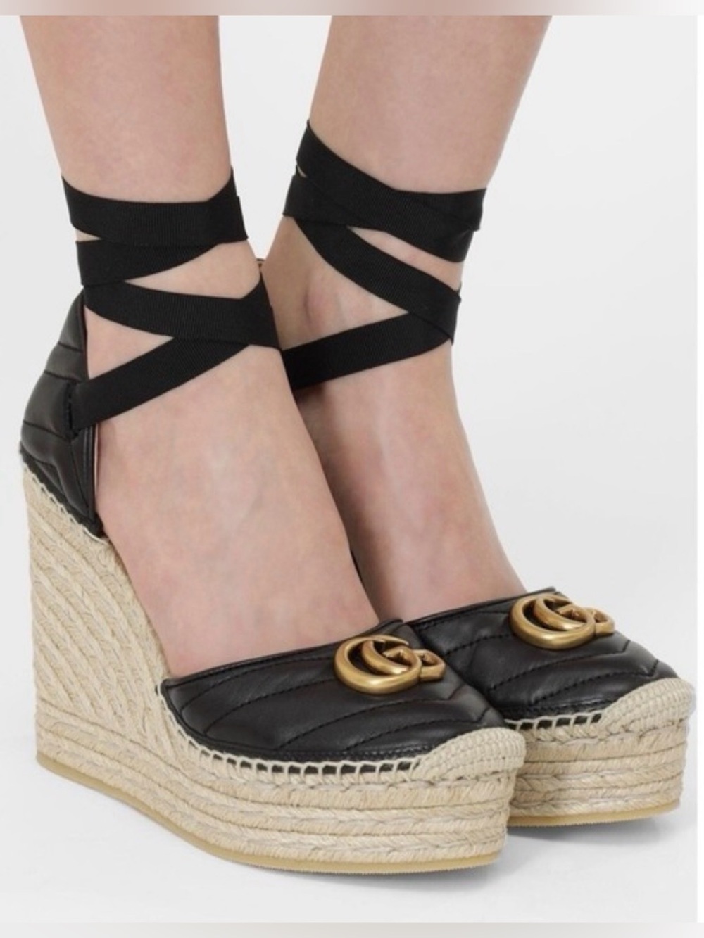 Gucci Double G Logo Marmont Leather Wedge Heels Espadrilles | Size EU 37.5